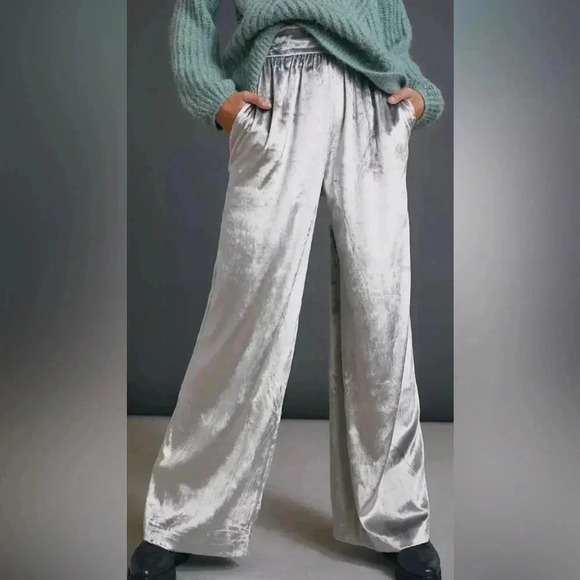 Anthropologie Maeve NWT Silver Anastacia Velvet Wide-Leg Pull On Pants Size S - Picture 1 of 12
